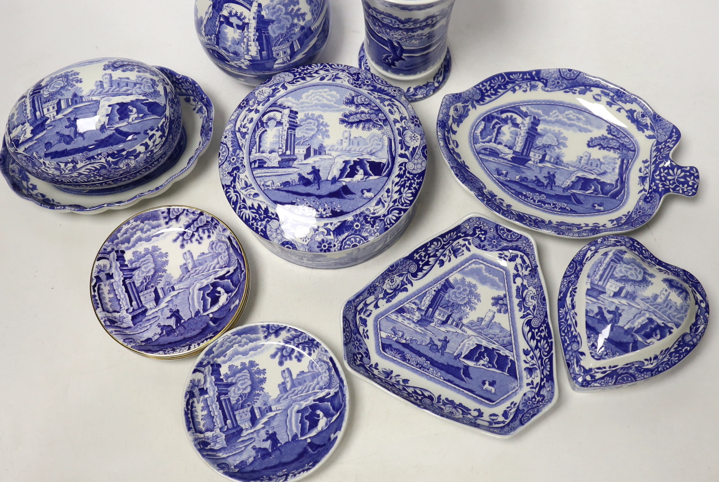 A collection of Spode Italian blue and white trinket boxes, dishes and two vases, (13)